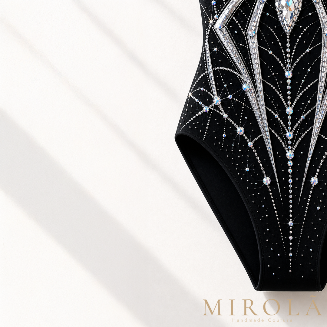 Arachne artistic swimming suit — crystal hem detail