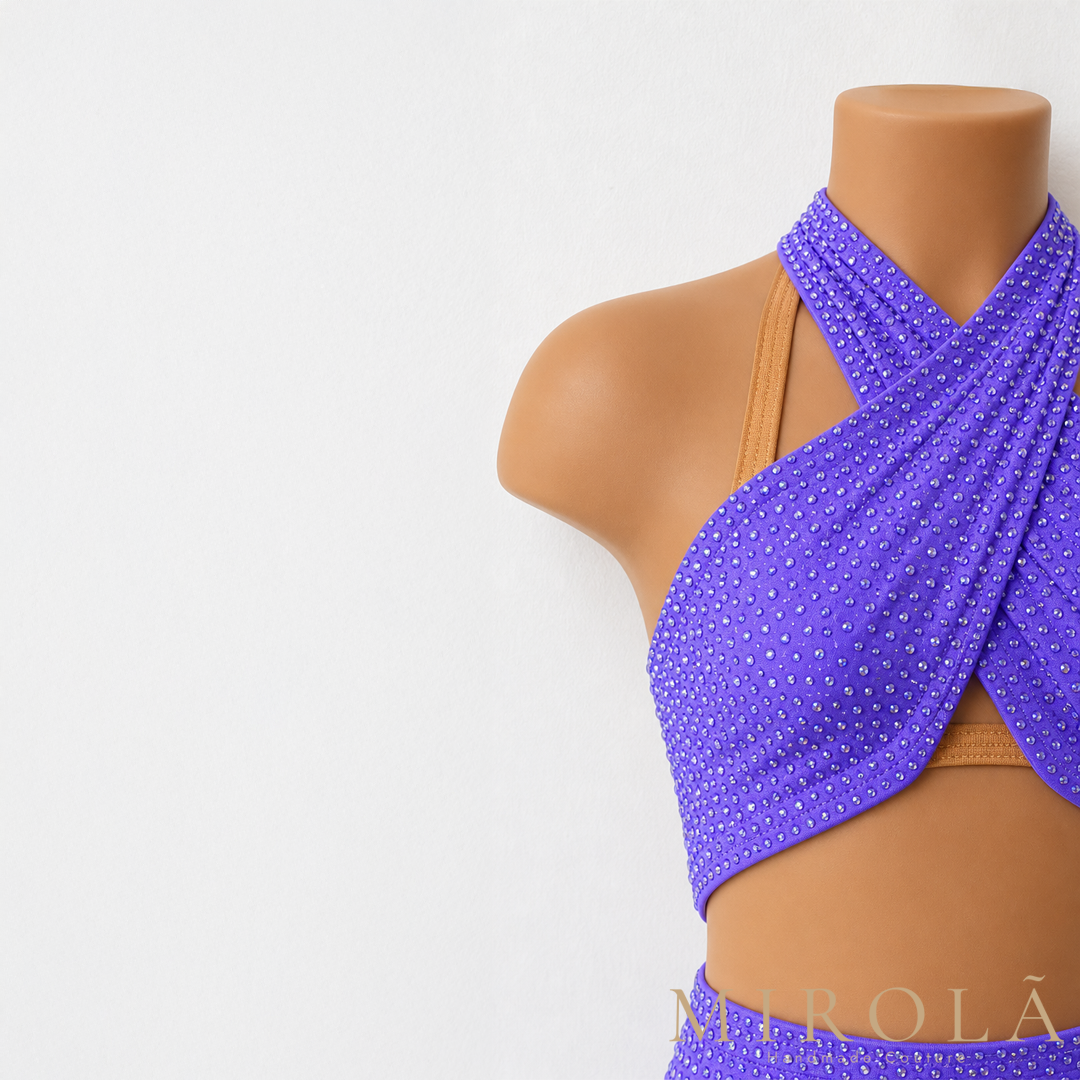 Amethyst Latin dance costume — crystal halter detail