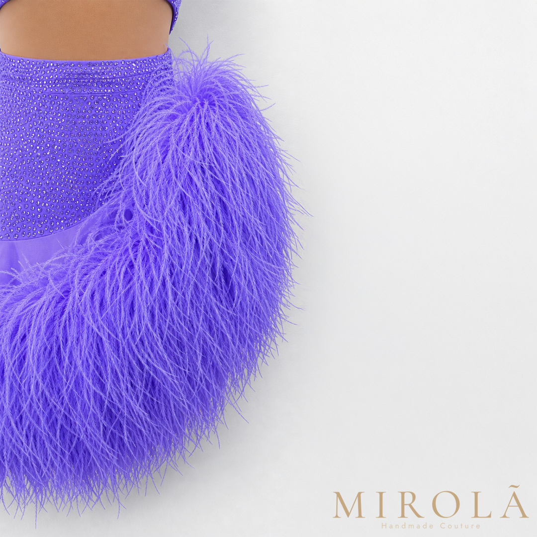 Amethyst Latin dance costume — feather skirt detail