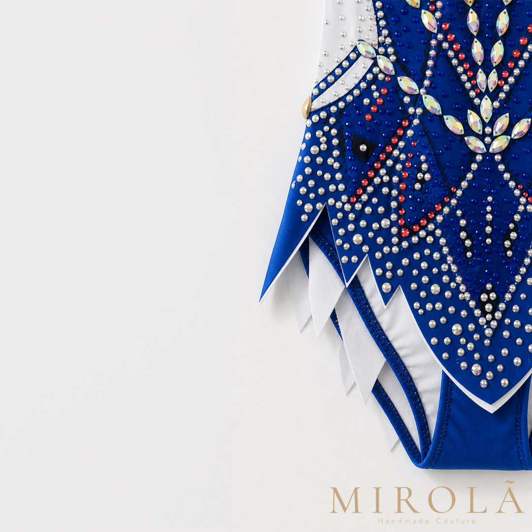 Cobalt rhythmic gymnastics leotard — pointed hem detail