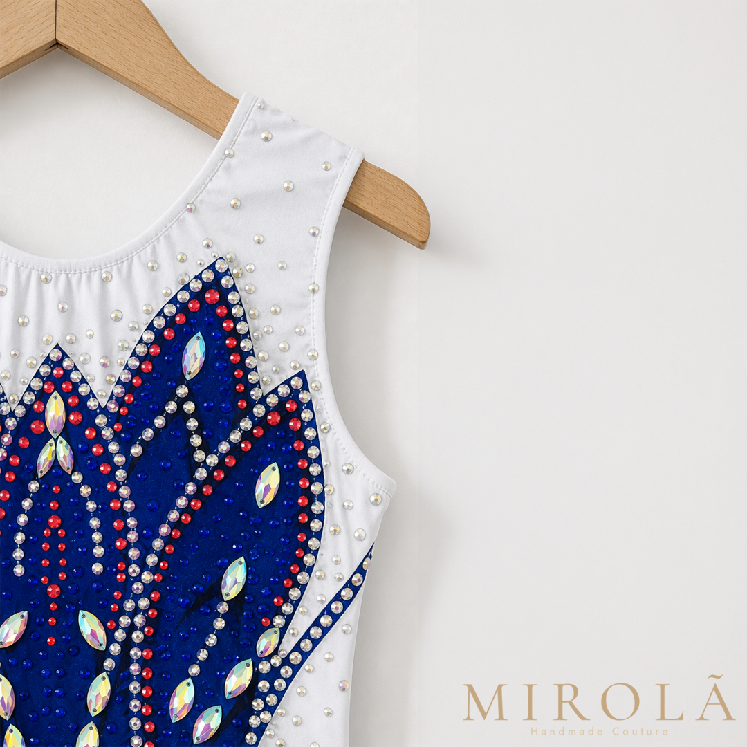 Cobalt rhythmic gymnastics leotard — shoulder detail