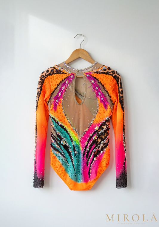 Coral rhythmic gymnastics competition leotard — front view