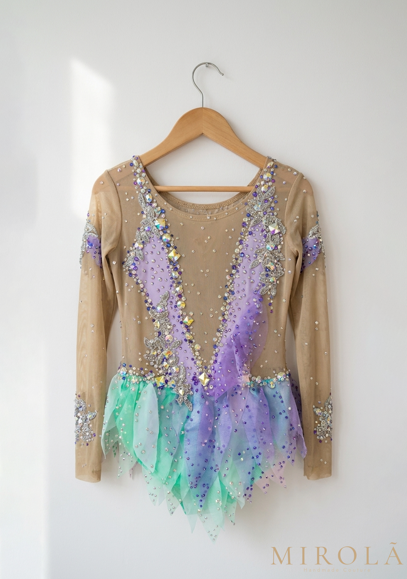 Lila rhythmic gymnastics competition leotard — front view, second angle