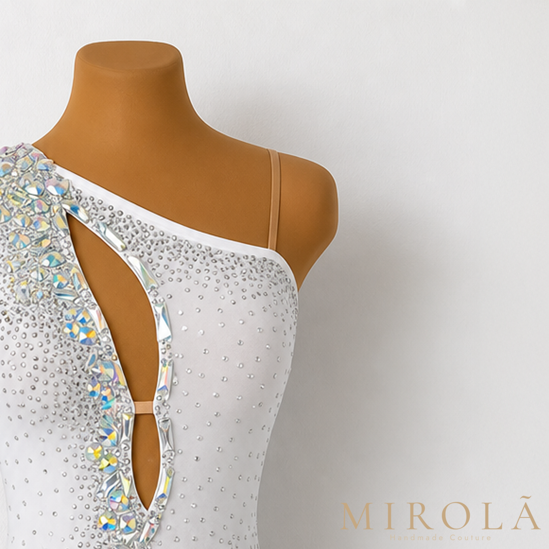 Pearl Latin dance dress — crystal keyhole detail