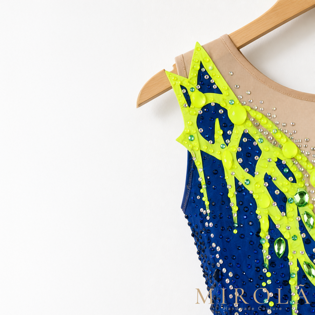 Peridot rhythmic gymnastics leotard — shoulder detail